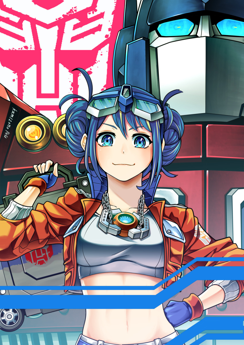 1boy 1girl artist_name autobot blue_eyes blue_gloves blue_hair breasts briefcase clenched_hand collarbone double_bun genderswap genderswap_(mtf) gloves goggles goggles_on_head grey_tube_top hair_bun hand_on_own_hip highres holding holding_briefcase jacket kamizono_(spookyhouse) kotobukiya_bishoujo looking_ahead matrix_of_leadership mecha medium_breasts midriff navel optimus_prime optimus_prime_(kotobukiya_bishoujo) personification red_jacket robot science_fiction smile transformers tube_top