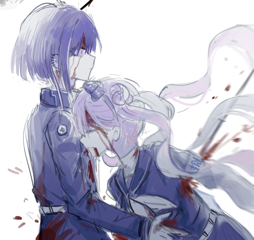 1833529948 1boy 1girl belt black_bow black_hair black_hairband black_jacket black_shirt blood blood_from_forehead blood_from_mouth blood_on_face bow brother_and_sister chinese_commentary closed_mouth commentary_request grey_eyes hair_bow hairband highres impaled jacket last_defense_academy_school_uniform long_hair neckerchief pink_hair red_pupils school_uniform shirt short_hair siblings sketch the_hundred_line_-last_defense_academy- tsukumo_ima tsukumo_kako twins white_belt white_neckerchief