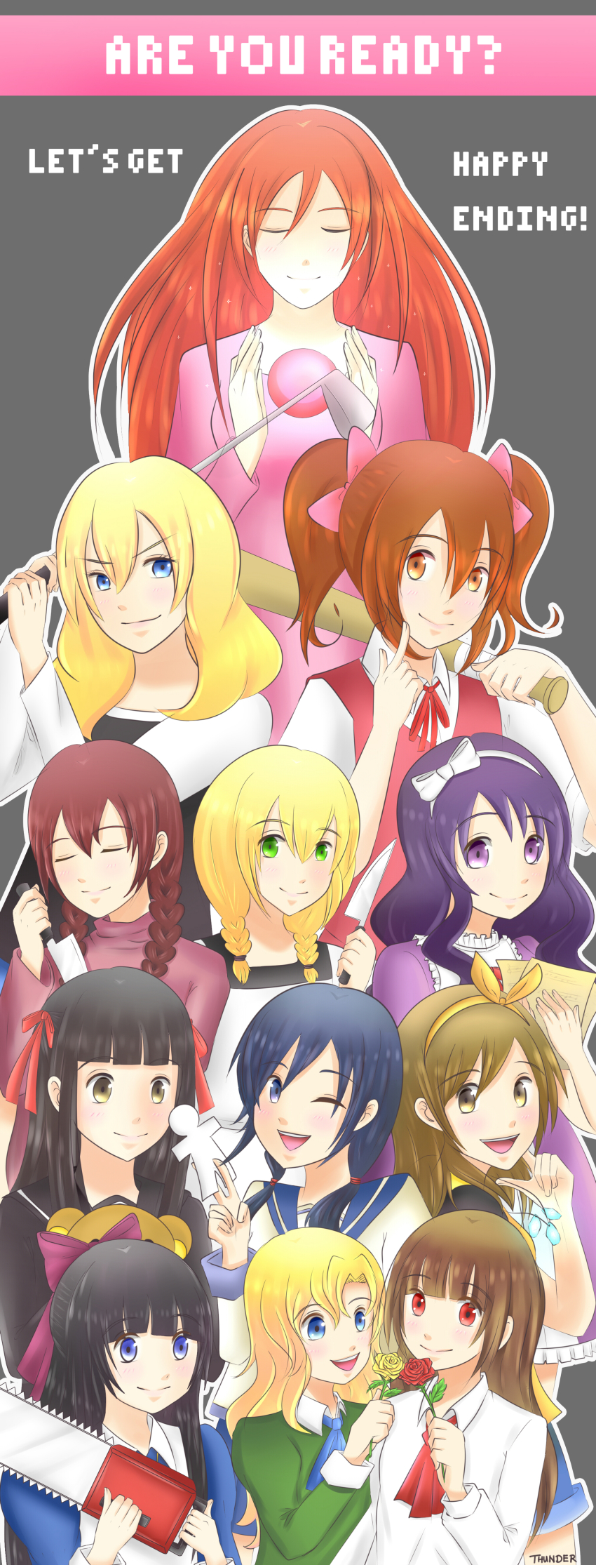 6+girls absurdres aki_(misao) artist_name ascot aya_drevis baseball_bat black_hair blonde_hair blue_eyes blue_hair blunt_bangs blush bow braid brown_eyes brown_hair chainsaw chloe_ardenne chloe_no_requiem closed_eyes collared_shirt commentary corpse_party crossover dress english_text eyelashes flower golf_club green_eyes hair_bow hair_ornament hair_ribbon hairband highres hime_cut himeno_mikoto ib_(ib) ib_(kouri) jewelry kaii_shoukougun kanzaki_shiori kirisame_ga_furu_mori knife large_bow long_hair looking_at_another looking_at_viewer mad_father madotsuki majo_no_ie mary_(ib) mermaid_swamp misao multiple_crossover multiple_girls necklace ningyo_numa one_eye_closed orange_eyes orb pink_bow purple_eyes purple_hair red_eyes red_flower red_hair red_ribbon red_rose ribbon rose school_uniform serafuku shadow shinozaki_ayumi shirt short_hair short_twintails sidelocks smile sophie_grundler stuffed_animal stuffed_toy teddy_bear the_sandman_(video_game) thunder92 twin_braids twintails viola_(majo_no_ie) weapon yamazaki_rin yellow_eyes yellow_flower yellow_rose yume_nikki