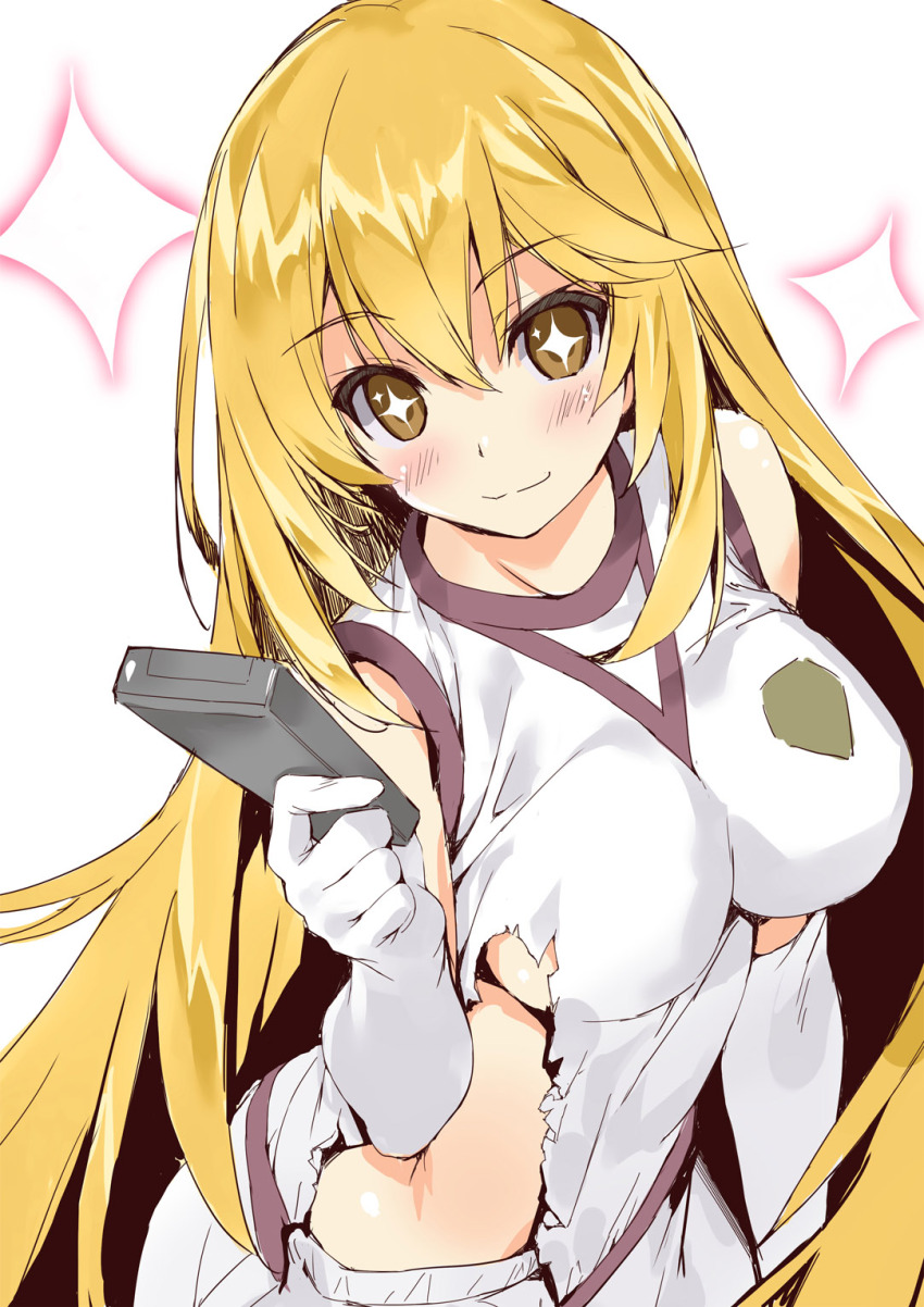 1girl bare_shoulders blonde_hair breasts closed_mouth controller elbow_gloves gloves highres holding holding_remote_control large_breasts long_hair looking_at_viewer remote_control shintarou shirt shokuhou_misaki shorts sleeveless sleeveless_shirt smile solo sparkle_background sparkling_eyes toaru_kagaku_no_mental_out toaru_kagaku_no_railgun toaru_majutsu_no_index tokiwadai_school_gym_uniform torn_clothes torn_shirt upper_body very_long_hair white_background white_gloves white_shirt white_shorts yellow_eyes