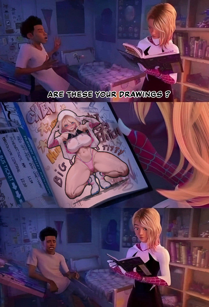 1boy 1girl 3koma alternate_breast_size bedroom blonde_hair blush bodysuit book bookshelf breasts comic commentary dark-skinned_male dark_skin derivative_work double_v drawing english_commentary english_text gwen_stacy hands_up highleg highleg_panties highres holding holding_book hood hood_down hood_up hooded_bodysuit indoors kinohara_kossuta large_breasts marvel miles_morales panties pink_panties reading screenshot_redraw shirt sitting smile spider-gwen spider-man:_across_the_spider-verse spider-man:_into_the_spider-verse spider-man_(series) spider-verse spider_web_print squatting subtitled superhero_costume thighs thong underwear upper_body v white_shirt
