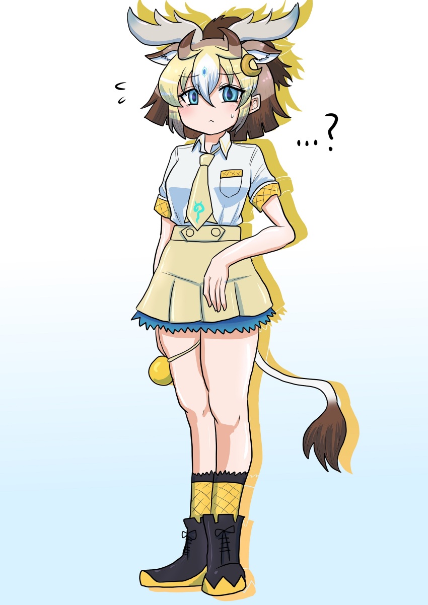 ...? 1girl absurdres animal_ears black_boots blonde_hair blue_eyes blue_hair blush boots brown_hair brown_necktie brown_skirt collared_shirt cosplay crescent crescent_hair_ornament fishnet_socks fishnets flying_sweatdrops frilled_skirt frilled_socks frills full_body giraffe_ears giraffe_girl giraffe_horns giraffe_tail hair_ornament high-waist_skirt highres horns kemono_friends kirin_(kemono_friends) kirin_(kemono_friends)_(cosplay) looking_at_viewer multicolored_boots multicolored_hair necktie pleated_skirt shinkaisoku shirt short_hair short_sleeves sidelocks sivatherium_(kemono_friends) skirt socks solo sweatdrop t-shirt tail thigh_strap two-tone_boots white_hair white_shirt yellow_boots yellow_trim
