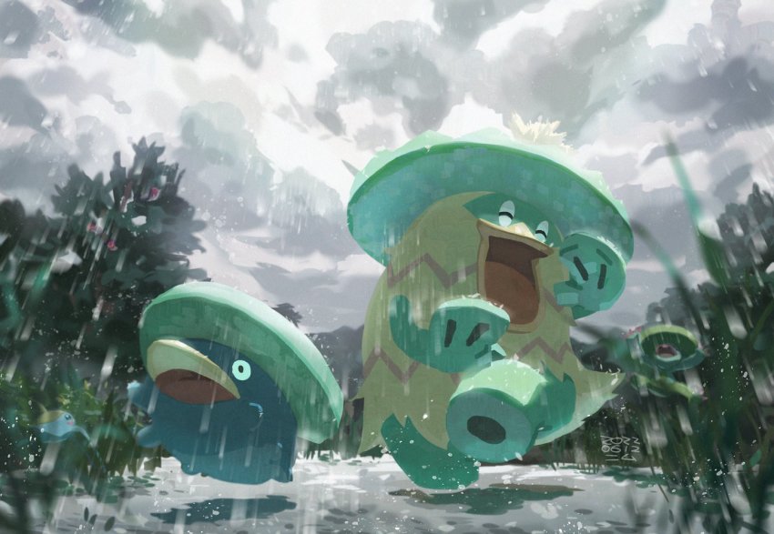 closed_eyes cloud commentary dancing day evolutionary_line gen_3_pokemon happy lombre lotad ludicolo nintendo open_mouth outdoors pokemon pokemon_(creature) ponimu puddle rain sky surskit symbol-only_commentary tongue water