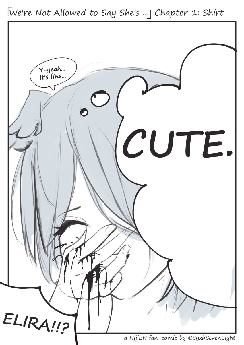 absurdres blood blood_on_face blood_on_hands closed_eyes covering_nose elira_pendora english_text greyscale hair_over_one_eye head_wings highres medium_hair monochrome nijisanji nijisanji_en nosebleed syxh twitter_username virtual_youtuber wings yuri
