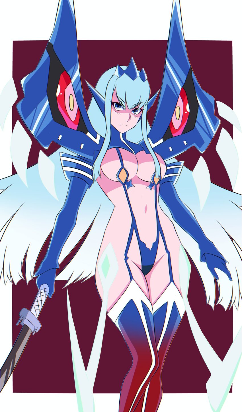 1girl aqua_hair bakuzan blizzard_(b1iz4rd) blue_eyes blue_hair boots breasts covered_erect_nipples frown gloves glowing glowing_hair hairband highres holding holding_sword holding_weapon junketsu junketsu_shinzui kamui_(kill_la_kill) katana kill_la_kill kill_la_kill:_if kiryuuin_satsuki large_breasts long_hair looking_at_viewer navel revealing_clothes solo spiked_hairband spikes suspenders sword thick_eyebrows thigh_boots thighhighs very_long_hair weapon