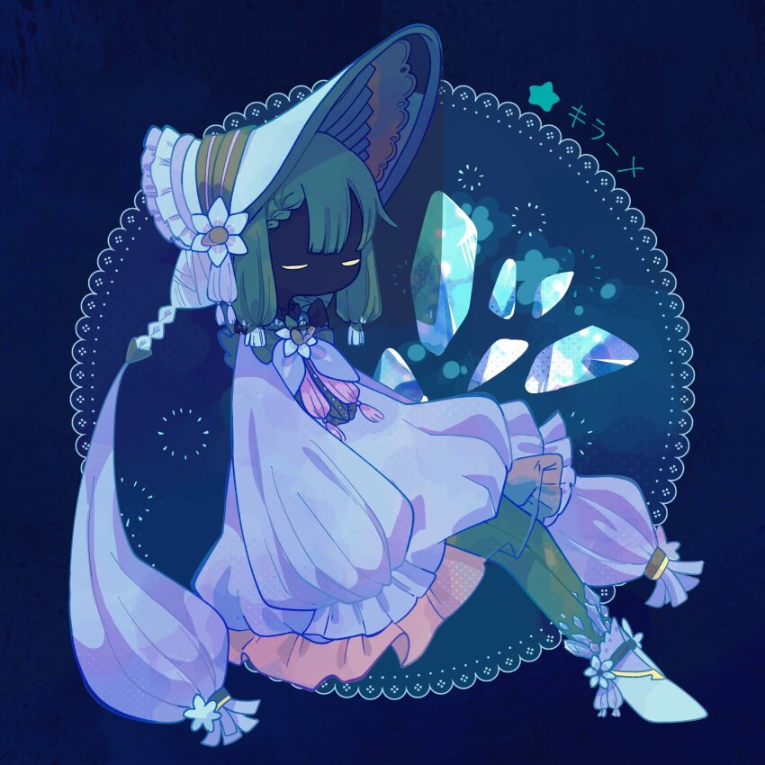 1girl aqua_pantyhose black_skin blue_bonnet blue_dress blue_hair bonnet braid character_name closed_eyes colored_skin dress full_body game_freak glimmet highres light_blue_hair long_hair long_sleeves mugimochi_g nintendo no_mouth no_nose pantyhose personification pokemon sleeves_past_fingers sleeves_past_wrists solo veil very_long_hair