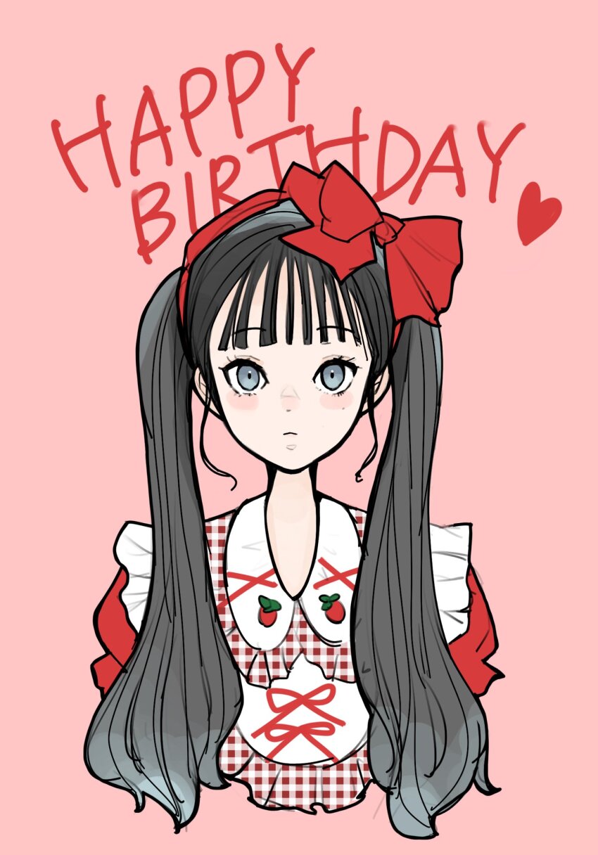 1girl actor arms_at_sides awatsu_mai black_hair blush bow bow_hairband closed_mouth commentary_request cropped_arms cropped_torso food_print frilled_shirt frills fruit_print grey_eyes hair_bow hairband happy_birthday heart highres long_hair looking_at_viewer mole mole_under_eye pink_background plaid_clothes plaid_shirt print_shirt puffy_short_sleeves puffy_sleeves real_life red_bow red_hairband red_shirt sally_(allogkk) shirt short_sleeves simple_background solo strawberry_print twintails upper_body