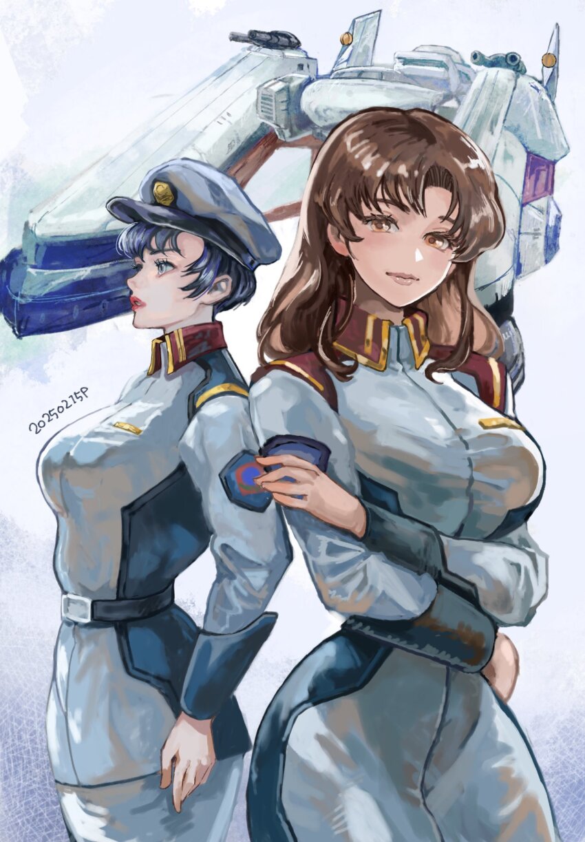 2girls belt black_hair blue_eyes brown_eyes brown_hair gundam gundam_seed highres looking_at_viewer looking_to_the_side military_uniform multiple_girls murrue_ramius natarle_badgiruel okrdisk2000 short_hair spacecraft white_background