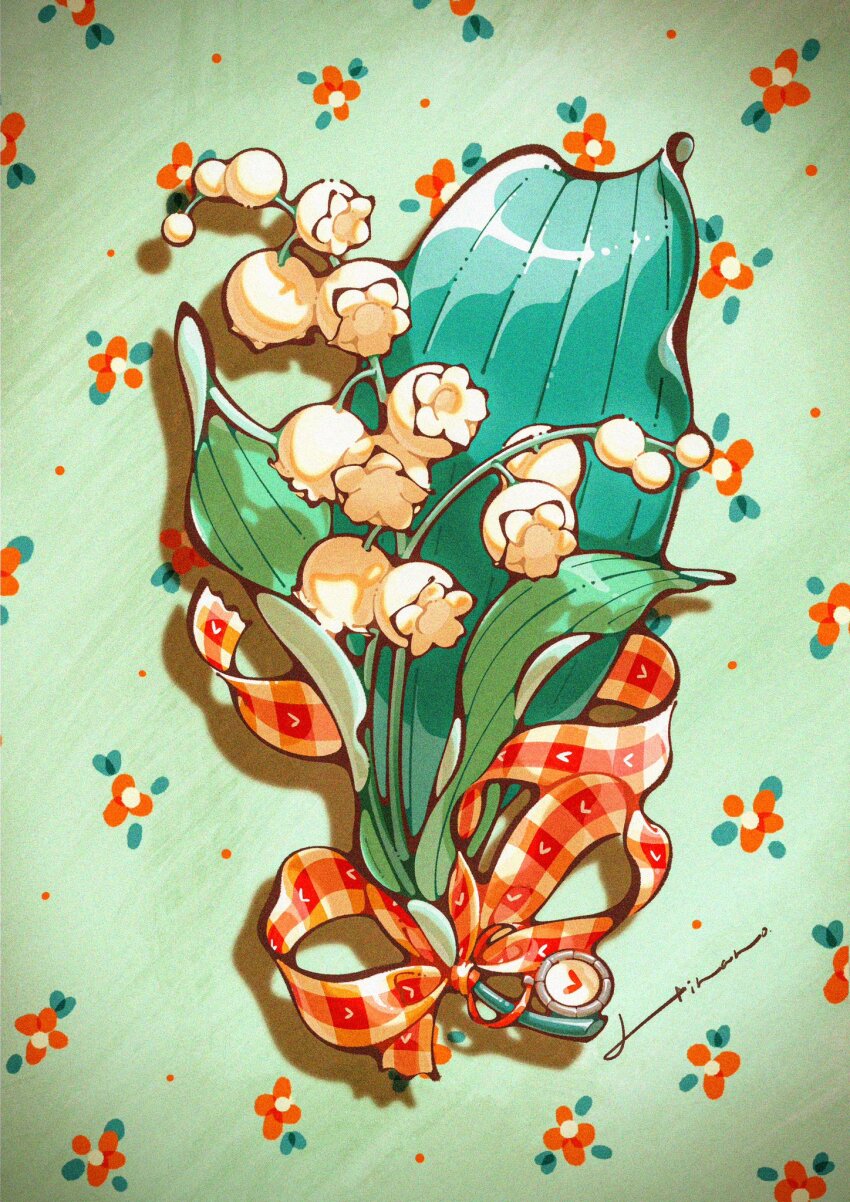 floral_background floral_print flower flower_focus heart highres leaf lily_of_the_valley no_humans original red_flower red_ribbon ribbon still_life trym_hinano
