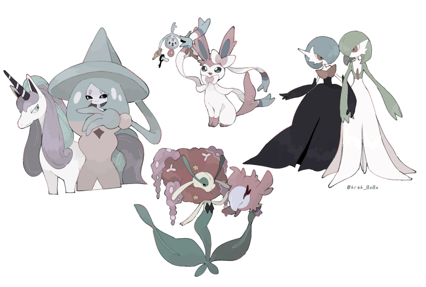 alternate_color arm_hair artist_name black_dress black_gloves black_sclera blue_hair bob_cut bow bowtie closed_eyes colored_sclera colored_skin dress elbow_gloves florges galarian_form galarian_rapidash gardevoir gen_3_pokemon gen_6_pokemon gen_8_pokemon gloves green_hair hat hatterene highres horns klefki kurosuke_(krsk_8x8x) mega_gardevoir mega_pokemon multicolored_fur multicolored_skin nintendo no_feet pink_eyes pokemon pokemon_(creature) shiny_pokemon simple_background single_horn spritzee sylveon two-tone_skin unicorn white_background white_dress white_skin witch_hat