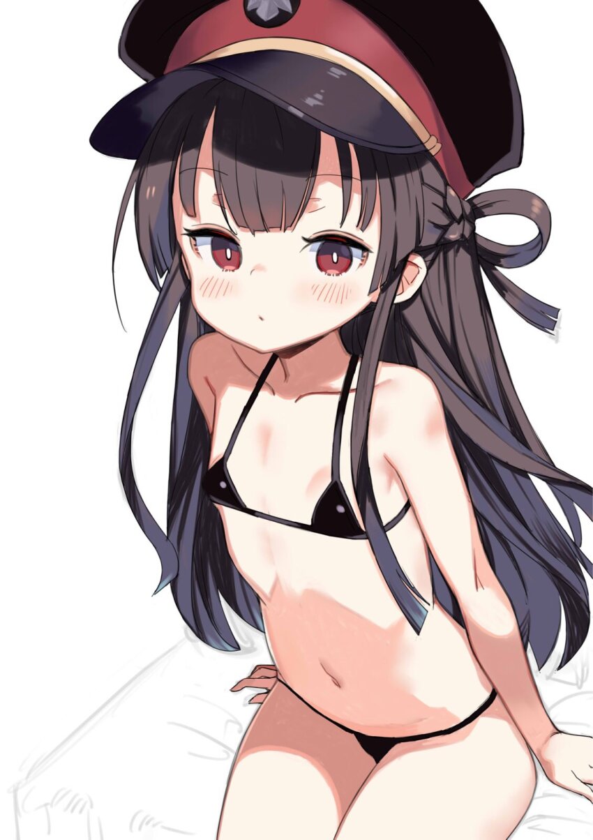 1girl bare_arms bare_shoulders bikini black_bikini black_hat breasts bright_pupils brown_hair closed_mouth collarbone commentary expressionless hachiroku_(maitetsu) hair_rings hat highres loli long_hair long_sidelocks looking_at_viewer maitetsu monomono navel peaked_cap red_eyes sidelocks sitting small_breasts solo stomach swimsuit white_pupils