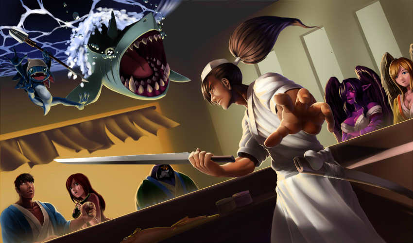 3boys 3girls absurdres alcohol beer black_eyes blonde_hair blue_eyes breasts brown_hair chef chomper cleavage colored_skin fang fish fizz_(league_of_legends) garen_(league_of_legends) highres jax_(league_of_legends) katarina_(league_of_legends) kayle_(league_of_legends) kitchen_knife league_of_legends morgana_(league_of_legends) multiple_boys multiple_girls open_mouth pointy_ears polearm ponytail purple_hair purple_skin red_eyes red_hair scabbard scar scar_across_eye scar_on_face shark sheath siblings sisters sword tai75105 tears trident water weapon wings yasuo_(league_of_legends)