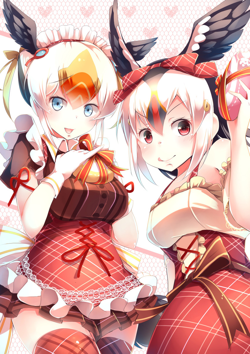 2girls :p absurdres alternate_costume atlantic_puffin_(kemono_friends) bird_tail bird_wings black_hair blonde_hair blue_eyes bow commentary_request detached_sleeves frilled_skirt frilled_sleeves frills gloves hair_bow head_wings highres kanzakietc kemono_friends kemono_friends_festival lace_trim maid_headdress multicolored_hair multiple_girls orange_hair plaid_clothes plaid_legwear pleated_skirt red_eyes short_hair short_sleeves skirt tail thighhighs tongue tongue_out tufted_puffin_(kemono_friends) white_hair wings zettai_ryouiki