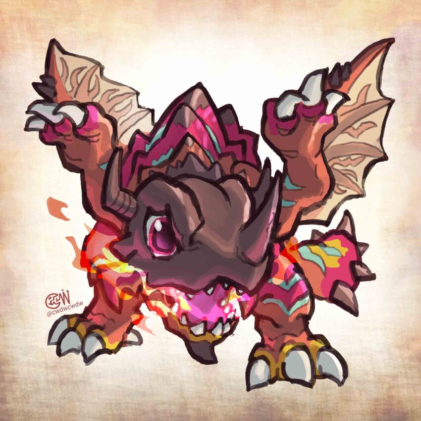 breath_weapon breathing_fire brown_background chibi cwdw dark_skin digimon digimon_(creature) fire full_body highres horns monster_hunter_(series) no_humans red_eyes reusgreymon sharp_teeth solo teeth winged_arms wings