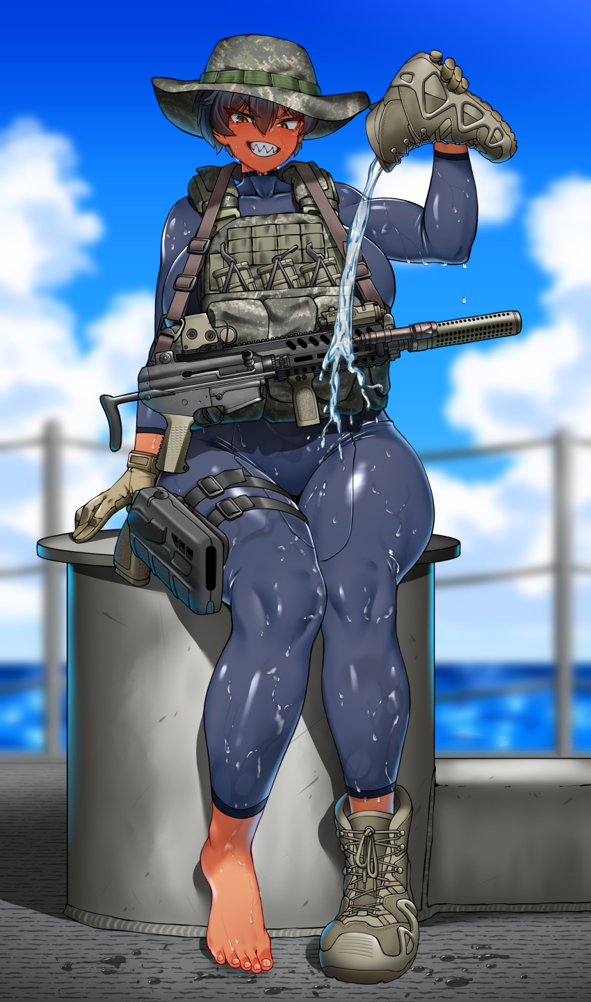 1girl absurdres barefoot black_hair boots breasts feet grin gun hat highres hitch_(perotoss) large_breasts looking_at_viewer original sharp_teeth shoes short_hair smile tactical_clothes teeth toes unworn_boots unworn_shoes weapon yellow_eyes