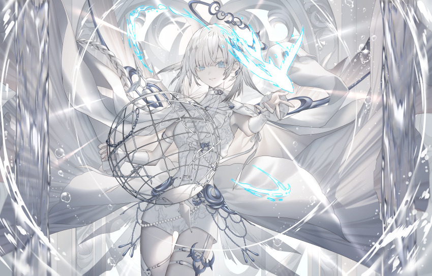 1girl absurdres album_cover arm_strap armpits belt_collar blue_eyes cage choker collar commentary_request commission corset cover cowboy_shot detached_sleeves dress garter_straps highres kotarou_(kot_mochi) legwear_garter looking_at_viewer magic open_hand original short_hair smile solo splashing standing turtleneck water_drop white_choker white_corset white_dress white_hair white_romper white_sleeves
