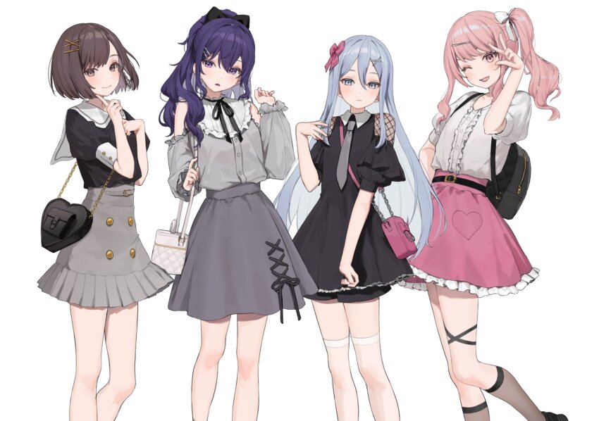 1other 4girls absurdres akiyama_mizuki androgynous asahina_mafuyu bag black_bow black_ribbon blue_eyes blue_hair bow brown_eyes brown_hair dress frills grey_hair grey_skirt hair_bow hair_ornament hairclip hamunezuko_(nezukonezu32) handbag heart highres jirai_kei long_hair looking_at_viewer multiple_girls necktie one_eye_closed open_mouth pink_bow pink_eyes pink_hair ponytail project_sekai puffy_sleeves purple_eyes purple_hair ribbon shinonome_ena shirt short_hair short_sleeves side_ponytail simple_background skirt smile socks thighhighs white_background white_bow white_shirt yoisaki_kanade