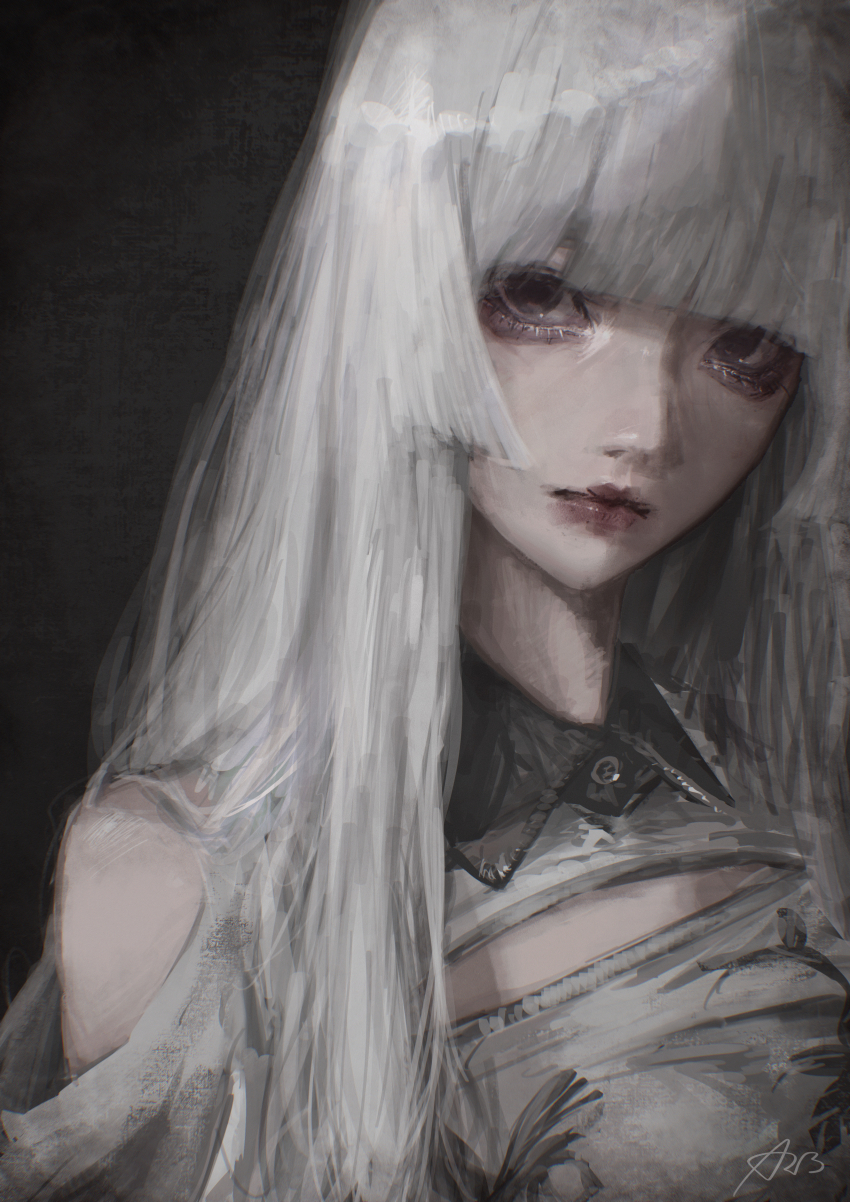 1girl absurdres arai_bokuseki black_background black_eyes blunt_bangs closed_mouth clothing_cutout collared_shirt commentary_request expressionless grey_shirt highres hime_cut lips long_hair looking_at_viewer original portrait shirt shoulder_cutout simple_background solo white_hair