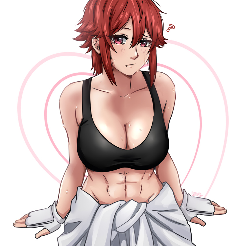 1girl :/ ? abs absurdres aizawa_tomo black_sports_bra breasts cleavage clothes_around_waist commentary fang fingerless_gloves gloves highres korzynka_persykiv large_breasts mma_gloves navel red_eyes red_hair solo sports_bra sweat sweater sweater_around_waist tomo-chan_wa_onna_no_ko upper_body white_gloves