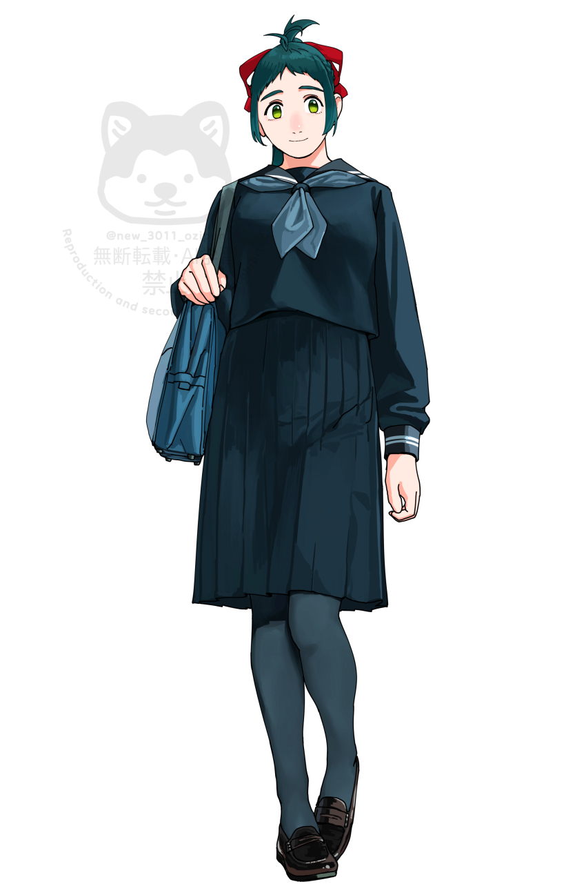 1girl absurdres alternate_costume bag black_skirt blue_hair blue_neckerchief blue_pantyhose bow closed_mouth full_body green_eyes hair_bow highres irako_(kancolle) kantai_collection loafers long_skirt long_sleeves looking_at_viewer neckerchief ojipon pantyhose pleated_skirt red_bow sailor_collar school_uniform serafuku shoes simple_background skirt solo standing twitter_username watermark white_background