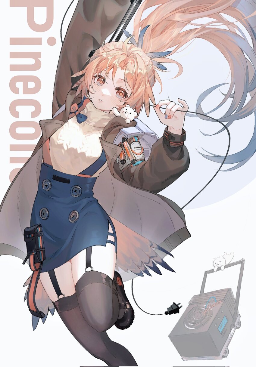 1girl arknights arm_up bear bird_girl bird_tail black_shoes blue_hair blue_nails blue_skirt brown_coat character_name coat feather_hair fiori_(fiofiori_) foot_out_of_frame foot_up garter_straps generator gradient_hair grey_thighhighs hashtag-only_commentary high-waist_skirt highres long_hair long_sleeves looking_at_viewer mole mole_under_eye multicolored_hair open_clothes open_coat orange_eyes orange_hair orange_nails parted_lips pinecone_(arknights) polar_bear pouch power_cord shoes skirt solo suspender_skirt suspenders sweater tail thighhighs turtleneck turtleneck_sweater very_long_hair white_sweater