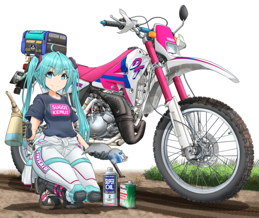 1girl aqua_eyes aqua_hair black_boots black_gloves black_shirt book boots closed_mouth clothes_writing commentary_request dirt english_text gloves hair_ornament hatsune_miku highres holding holding_book jumpsuit jumpsuit_around_waist knee_pads logo long_hair looking_at_viewer mikeran_(mikelan) motor_vehicle motorcycle oil_can partial_commentary romaji_text shadow shirt short_sleeves smile solo squatting t-shirt translated twintails vocaloid white_background white_jumpsuit yamaha