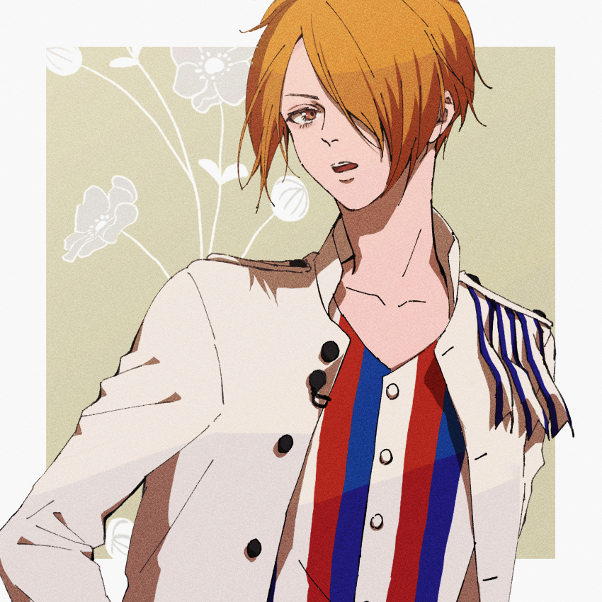 1boy border brown_eyes brown_hair buttons collarbone hair_over_one_eye highres idolmaster idolmaster_side-m jacket kurosujuu long_sleeves looking_at_viewer male_focus open_clothes open_jacket open_mouth shirt short_hair solo striped_clothes striped_shirt teeth tsukumo_kazuki upper_body upper_teeth_only vertical-striped_clothes vertical-striped_shirt white_border white_jacket