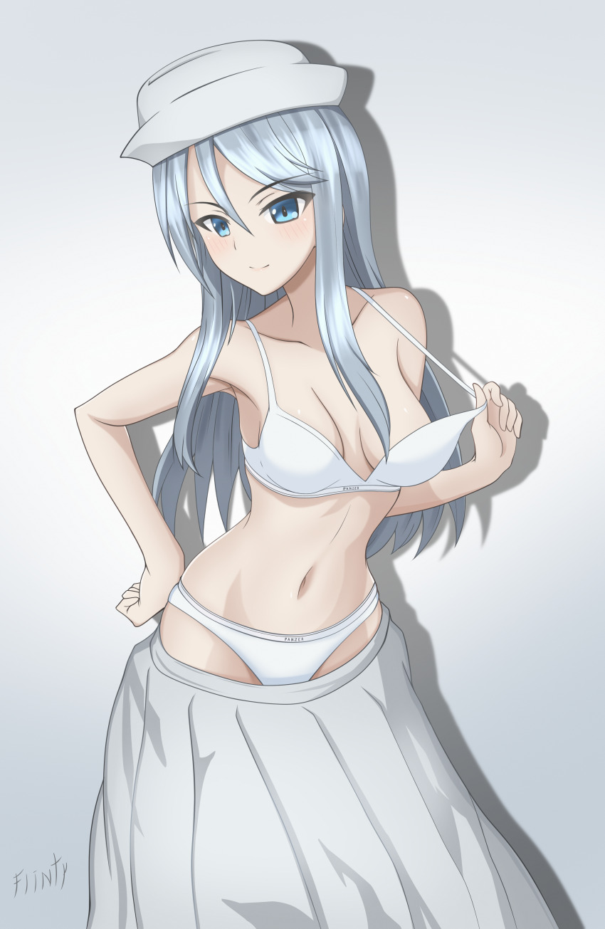 1girl absurdres blue_eyes blue_hair blush bra breasts closed_mouth collarbone flint_(girls_und_panzer) flintard girls_und_panzer hat highres large_breasts long_hair looking_at_viewer navel panties simple_background skirt smile solo underwear white_bra white_panties