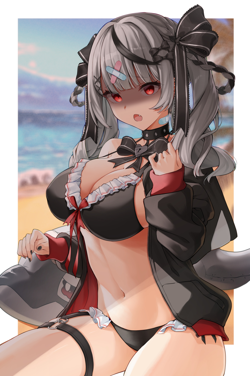 1girl :o absurdres alternate_costume bandaid bandaid_hair_ornament bandaid_on_neck beach bikini black_bikini black_collar black_hair black_jacket black_nails black_ribbon blunt_bangs blurry blurry_background blush border bow braid braided_hair_rings breasts cleavage collar commentary_request day drill_hair fang frilled_bikini frills grey_hair hair_bow hair_ornament hair_ribbon hair_rings hairclip halterneck hand_up heart-shaped_lock highres hololive inu_(sakamata_chloe) jacket large_breasts linea_alba looking_at_viewer multicolored_hair nail_polish navel o-ring o-ring_thigh_strap ocean official_alternate_hairstyle open_clothes open_jacket orca outdoors pasuterusawaa red_eyes red_jacket ribbon sakamata_chloe shaded_face single_off_shoulder sitting smile solo stomach streaked_hair swimsuit thigh_strap twin_drills two-sided_fabric two-sided_jacket variant_set virtual_youtuber white_border x_hair_ornament yandere