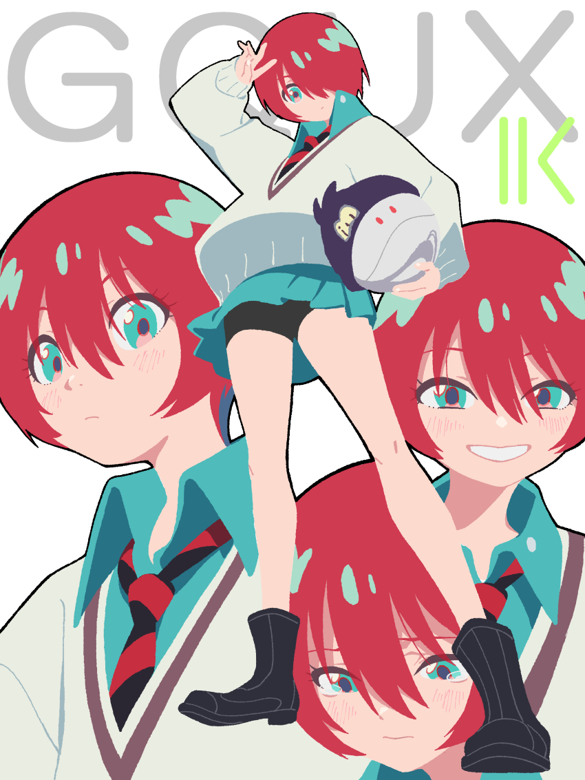 1girl absurdres amate_yuzuriha beanie black_boots black_hat black_shorts boots cat_thankyou full_body green_eyes green_shirt green_skirt grey_sweater gundam gundam_gquuuuuux hair_over_one_eye haro hat highres miniskirt multiple_views pleated_skirt red_hair shirt short_hair shorts simple_background skirt smile sweater unworn_hat unworn_headwear white_background