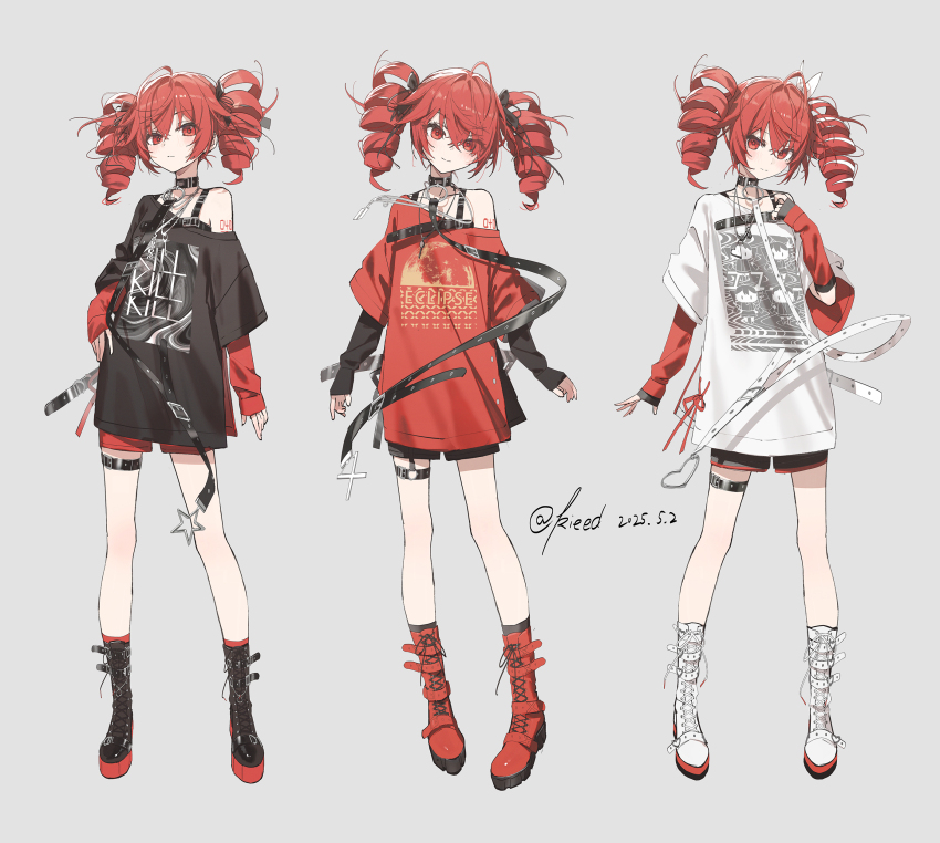 1girl absurdres belt black_boots black_shirt boots drill_hair full_body hair_ribbon hand_on_own_hip highres kasane_teto kieed lace-up_boots layered_sleeves long_shirt long_sleeves multiple_views red_boots red_eyes red_hair red_shirt ribbon shirt sleeves_past_wrists smile standing thigh_belt thigh_strap twin_drills utau white_boots white_shirt