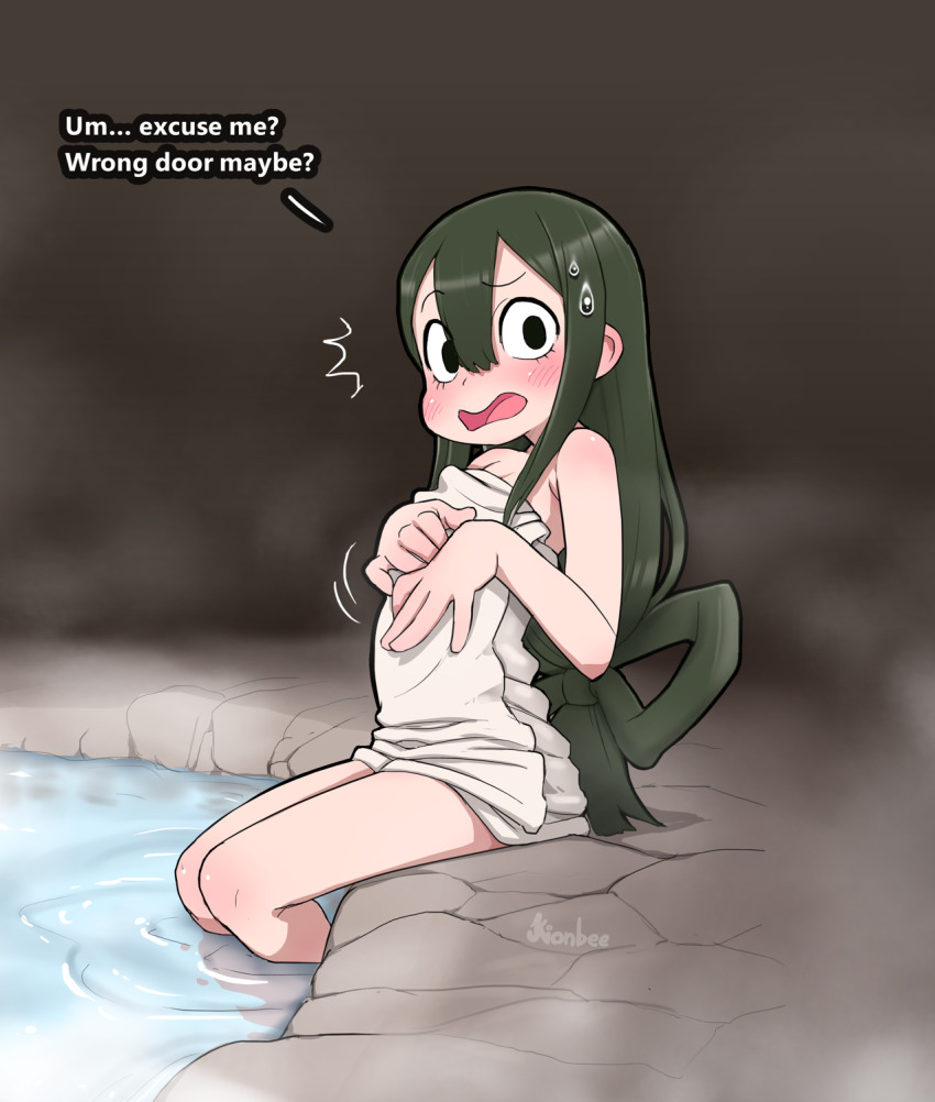 1girl asui_tsuyu black_eyes boku_no_hero_academia commentary english_text green_hair hair_rings highres kionant long_hair low-tied_long_hair naked_towel onsen raised_eyebrow signature sitting soaking_feet solo sweatdrop towel