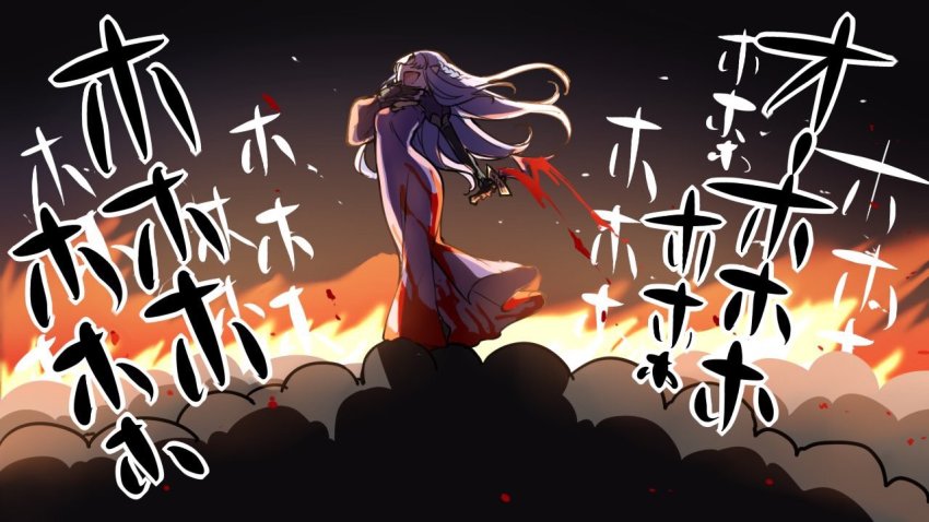 1girl black_background blood blood_stain blue_hair braid corpse dagger dress fate/stay_night fate_(series) female_focus fire gradient_background hair_over_eyes holding holding_weapon knife laughing long_hair long_skirt medea_(caster)_(fate) medea_(fate) no_eyes ojou-sama_pose pantsu_(lootttyyyy) pile_of_corpses pointy_ears purple_dress rulebreaker side_braid silhouette skirt solo standing_on_person translated weapon