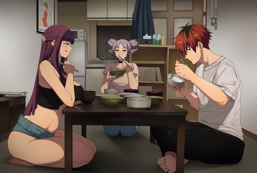 1boy 2girls absurdres alternate_costume alternate_hairstyle apartment bare_shoulders barefoot black_choker black_pants black_tank_top blunt_bangs bookshelf breasts butterfly_hair_ornament choker chopsticks cleavage commentary crop_top double_bun elf english_commentary fern_(sousou_no_frieren) frieren green_eyes hair_bun hair_ornament highres holding holding_chopsticks indian_style inkspirate large_breasts licking_lips long_hair looking_down microwave multiple_girls pants parted_bangs picture_frame pointy_ears purple_eyes purple_hair red_hair refrigerator seiza shirt short_hair short_shorts shorts sink sitting sousou_no_frieren stark_(sousou_no_frieren) straight_hair t-shirt table tank_top tongue tongue_out white_hair