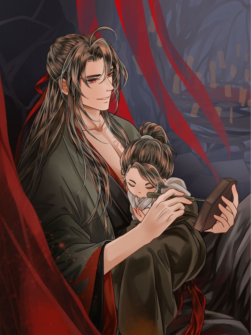 2boys aged_down ahoge baby bbbeyonce099 black_hair black_hanfu black_robe brown_hair carrying carrying_baby carrying_person carving chest_tattoo chinese_clothes closed_eyes closed_mouth coat collarbone curtains grey_coat hair_down hair_ribbon half_updo hanfu highres holding lan_sizhui long_hair long_sleeves male_focus modao_zushi multiple_boys official_alternate_costume official_alternate_hairstyle parted_lips pectoral_cleavage pectorals ponytail red_eyes red_ribbon ribbon robe sitting sleeping smile tattoo wei_wuxian wei_wuxian_(yiling_laozu) wide_sleeves