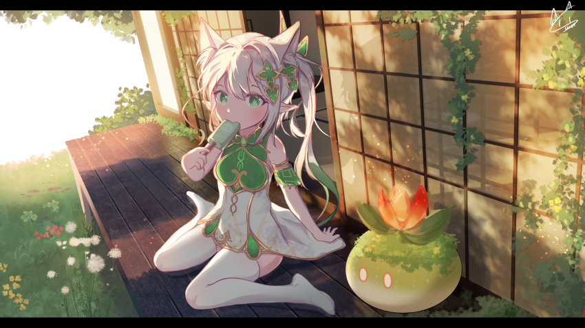 1girl absurdres animal_ears arm_support blush cat_ears cat_girl clover commentary_request dandelion detached_sleeves dress eating flower food genshin_impact grass green_eyes hair_between_eyes hair_ornament highres ice_cream kemonomimi_mode letterboxed long_hair looking_at_viewer nahida_(genshin_impact) outdoors pointy_ears popsicle qingye_tuanzi red_flower sidelocks signature sitting slime_(genshin_impact) solo thighhighs veranda wariza white_dress white_hair white_thighhighs yellow_flower