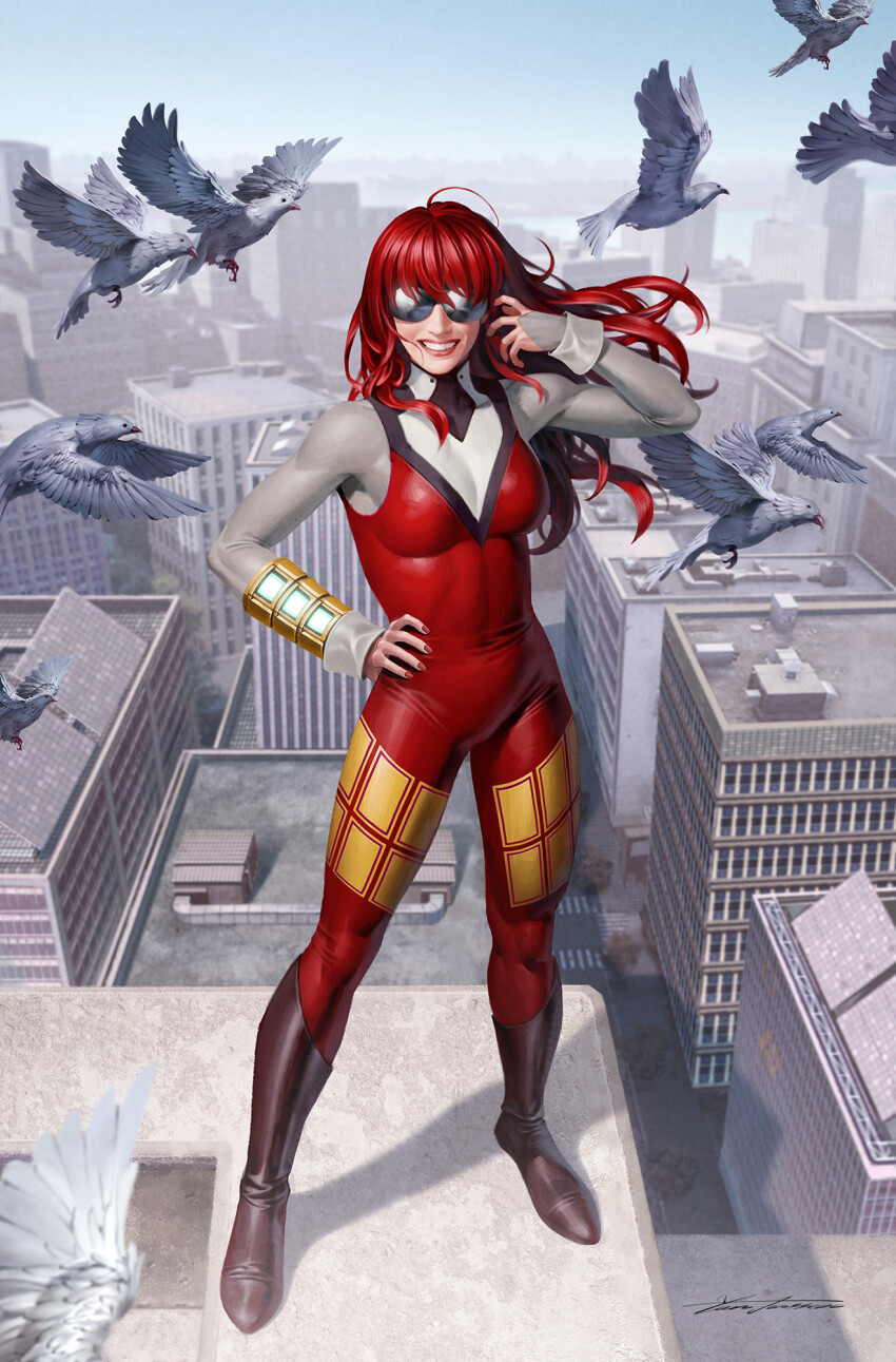1girl bird bodysuit boots breasts brown_footwear building day grey_bird grey_bodysuit hand_on_own_hip highres jackpot_(marvel) long_hair looking_at_viewer marvel mary_jane_watson medium_breasts multicolored_bodysuit outdoors red_bodysuit red_hair skyscraper spider-man_(series) standing sunglasses superhero_costume tinted_eyewear white_bodysuit yellow_bodysuit yoon_junggeun
