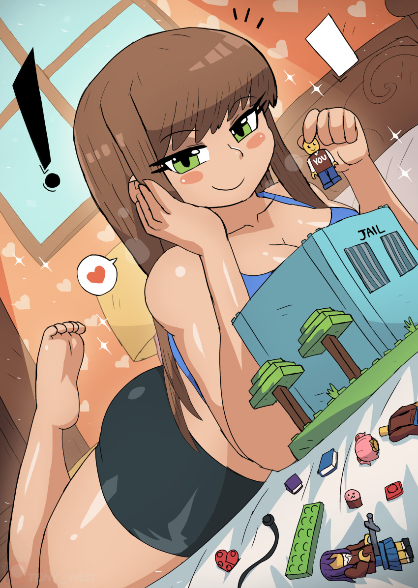! 1girl absurdres barefoot bed bedroom black_shorts blue_shirt blush book breasts brown_hair cleavage collarbone doki_doki_literature_club grass green_eyes head_rest headset heart highres holding holding_toy lamp large_breasts lego lego_minifig long_hair looking_at_viewer lying midriff monika_(doki_doki_literature_club) natsuki_(doki_doki_literature_club) on_bed on_stomach pillow prison protagonist_(doki_doki_literature_club) seductive_gaze seductive_smile shirt shorts smile sparkle speech_bubble spoken_heart sword tank_top the_lego_group the_pose thick_thighs thighs tony_welt toy tree weapon window yuri_(doki_doki_literature_club)