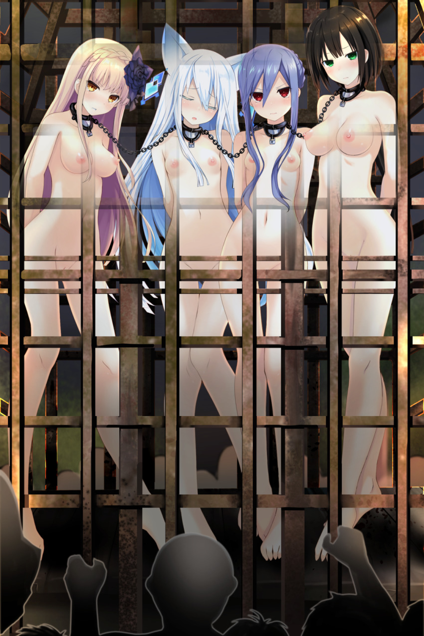 4girls animal_ears barefoot bdsm blonde_hair blue_hair brown_hair cage chain character_request collar effole_(fairy_fencer_f) ethel_(fairy_fencer_f) fairy_fencer_f green_eyes highres long_hair multiple_girls nude prison red_eyes silver_hair slave vesperia yellow_eyes