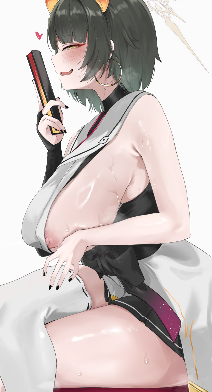 1girl absurdres black_hair blue_archive breasts bridal_gauntlets earrings folded_fan folding_fan from_side halo hand_fan heart highres holding holding_fan hoop_earrings horns huge_breasts japanese_clothes jewelry kimono miz_blank mole mole_under_eye nipple_slip nipples niya_(blue_archive) open_mouth orange_horns short_hair sideboob sideless_kimono single_bridal_gauntlet single_thighhigh sleeveless sleeveless_kimono solo sweat thighhighs unusually_open_eyes white_halo white_kimono white_thighhighs