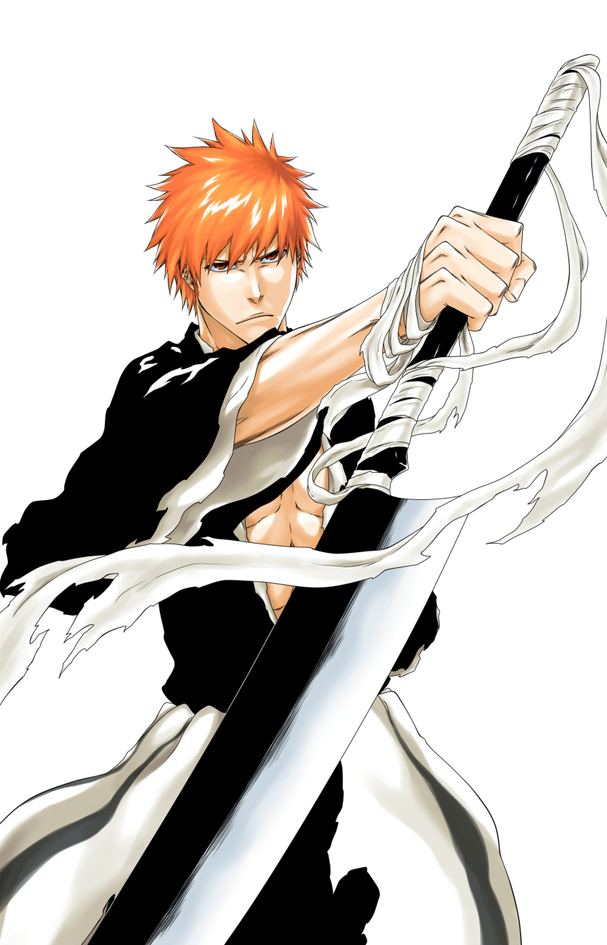 1boy absurdres bandages black_kimono bleach bleachist brown_eyes hair_between_eyes highres holding holding_sword holding_weapon japanese_clothes kimono kurosaki_ichigo male_focus official_style orange_hair solo spiked_hair standing sword torn_clothes torn_kimono weapon