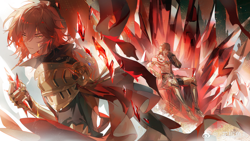 1boy absurdres armlet armor bare_pectorals black_coat blonde_hair braid chest_tattoo chinese_commentary clawed_gauntlets coat commentary_request crystal earrings facial_tattoo gold_armlet gold_earrings gold_necklace gradient_hair hair_between_eyes highres holding holding_crystal honkai:_star_rail honkai_(series) jewelry lieshang773 liquid_gold male_focus medium_hair multicolored_hair multiple_views mydei_(honkai:_star_rail) necklace open_clothes open_coat pauldrons pectorals red_hair red_tattoo shoulder_armor side_braid single_pauldron tattoo toned toned_male watermark weibo_watermark yellow_eyes