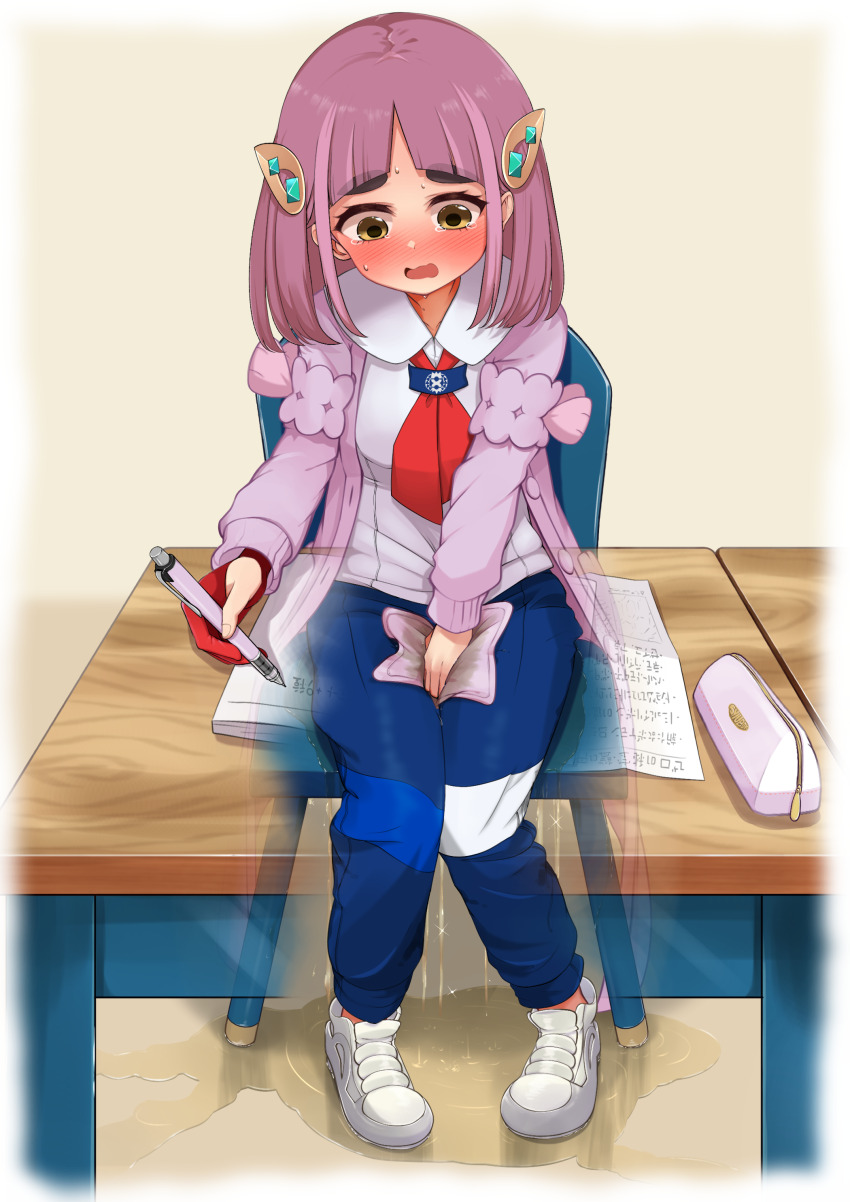 1girl absurdres between_legs blue_gemstone blue_pants blush book border breasts cardigan collared_shirt desk embarrassed female_focus full_body gem gloves hair_ornament hairclip hand_between_legs hand_up have_to_pee highres holding holding_cloth holding_pencil knees_together_feet_apart lacey_(pokemon) large_variant_set long_sleeves looking_down mechanical_pencil medium_hair mizuumi_(expanse_lake) neckerchief nintendo nose_blush on_chair open_book open_cardigan open_clothes open_mouth pants paper partially_fingerless_gloves pee peeing peeing_self pencil pencil_case pigeon-toed pokemon pokemon_sv puddle purple_cardigan purple_hair raised_eyebrows red_gloves red_neckerchief school_desk school_uniform shirt shoes sidelocks sitting small_breasts solo straight-on sweat tears textless_version thick_eyebrows variant_set wavy_mouth wet_pants white_border white_shirt white_shoes writing x-ray yellow_background yellow_eyes