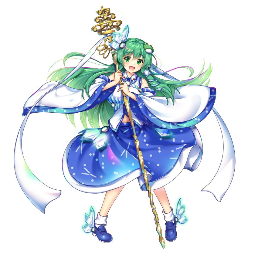 1girl :d blue_footwear blue_skirt frog_hair_ornament full_body green_eyes green_hair hair_ornament highres holding holding_staff kochiya_sanae kochiya_sanae_(hand_in_hand_with_a_miracle) long_hair looking_at_viewer open_mouth rotte_(1109) simple_background skirt smile snake_hair_ornament socks solo staff third-party_source touhou touhou_lostword white_background white_socks wide_sleeves