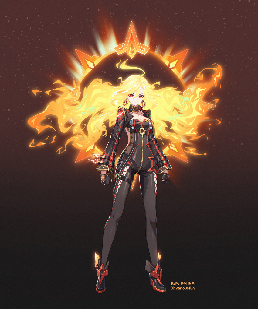 1girl ahoge biker_clothes bikesuit black_bodysuit black_footwear black_gloves bodysuit breasts cleavage dark_background earrings fiery_hair full_body ge_zhong_kuaile genshin_impact gloves high_heels highres jewelry long_hair long_sleeves mavuika_(genshin_impact) medium_breasts multicolored_eyes official_alternate_hair_color simple_background smile solo standing sun_earrings symbol_in_eye two-tone_eyes very_long_hair