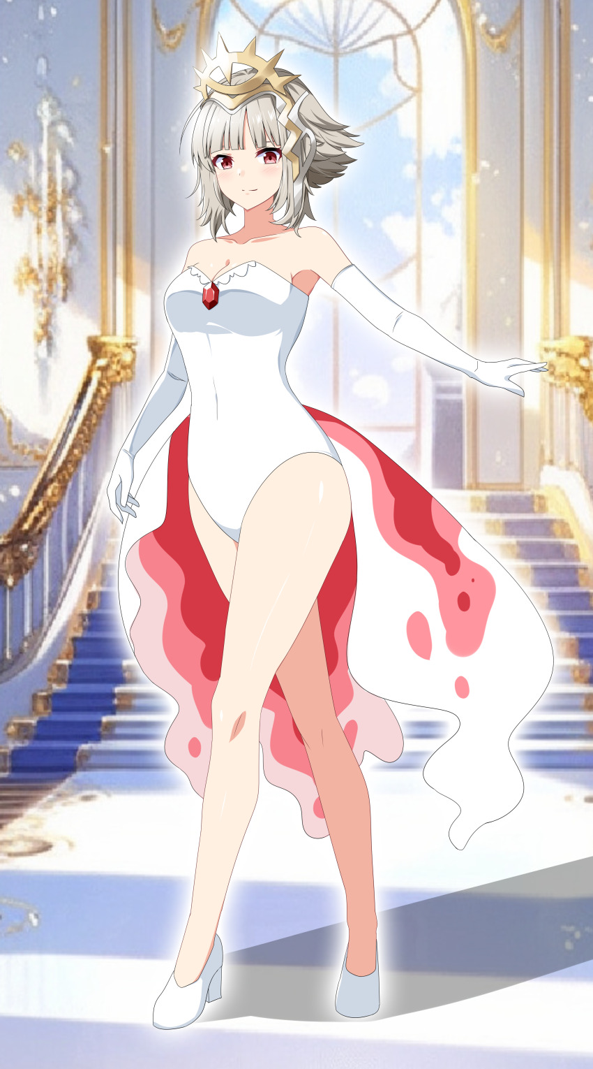 1girl absurdres blunt_bangs blurry blurry_background breasts brooch cleavage collarbone commission cosplay covered_navel crossover elbow_gloves fire_emblem fire_emblem_heroes gem gen_1_pokemon gloves goldeen goldeen_(cosplay) grey_hair high_heels highres indoors jewelry leotard looking_at_viewer medium_breasts misty_(pokemon) misty_(pokemon)_(cosplay) nintendo official_alternate_hairstyle pokemon pokemon_(anime) pokemon_(classic_anime) pokemon_ep043 red_eyes rise_(rise19851203) second-party_source short_hair_with_long_locks skeb_commission smile stairs textless_version tiara veronica_(fire_emblem) veronica_(princess_rising)_(fire_emblem) white_footwear white_gloves white_leotard window