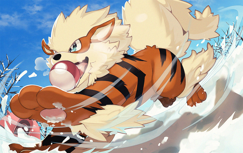 arcanine bare_tree blue_eyes blue_sky bright_pupils buku2_suisou day foreshortening gen_1_pokemon gradient_sky motion_lines mouth_hold nintendo no_humans open_mouth outdoors poke_ball pokemon pokemon_(creature) pokemon_focus running sky snow solo tent tongue tree white_pupils