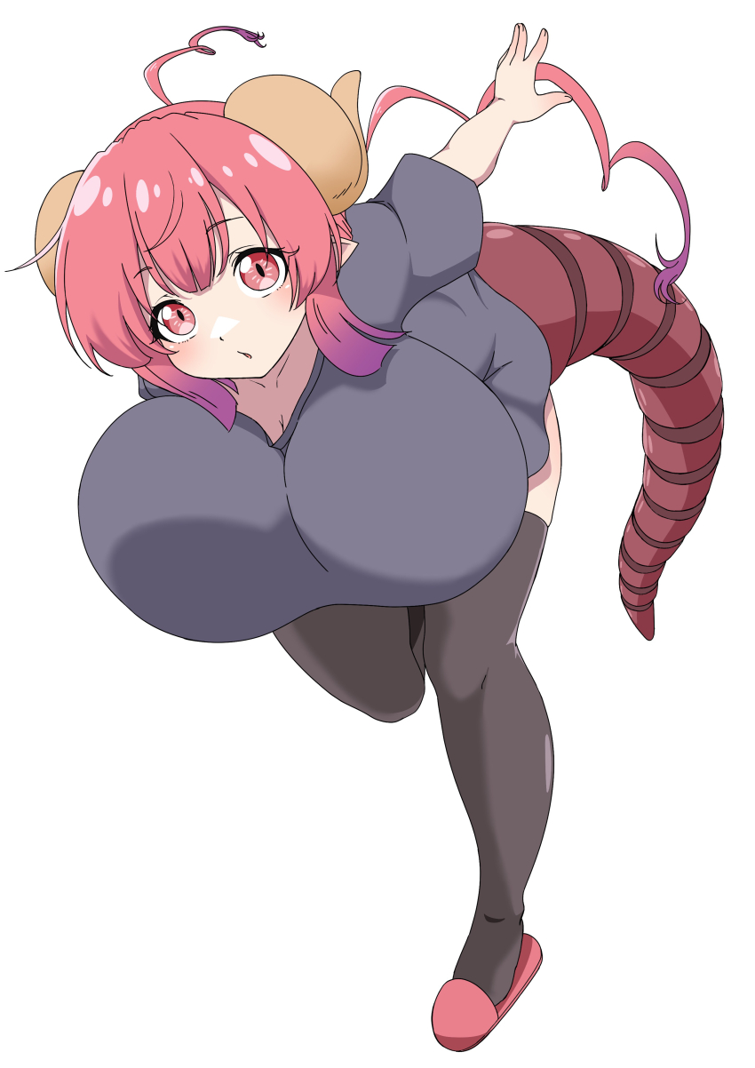 1girl absurdres black_dress breasts cotobachi_n dragon_girl dragon_horns dragon_tail dress highres horns huge_breasts ilulu_(maidragon) kobayashi-san_chi_no_maidragon monster_girl red_eyes red_hair shortstack simple_background slippers solo tail thick_thighs thighhighs thighs white_background wide_hips