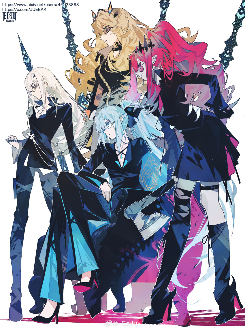 4girls absurdres asymmetrical_legwear axe baobhan_sith_(fate) barghest_(fate) bent_over black_bow black_jacket black_pants black_shirt black_skirt blonde_hair blue_eyes blue_hair boots bow breasts chair closed_mouth collared_jacket collared_shirt crossed_legs crown earrings eeju expressionless fate/grand_order fate_(series) frown full_body glasses grey_eyes hair_between_eyes hair_ornament hair_ribbon hand_on_own_hip hand_on_own_knee high_collar high_heel_boots high_heels highres holding holding_axe hoop_earrings jacket jewelry knee_boots lace-up_boots leaning_forward light_blue_hair long_hair long_legs looking_to_the_side medium_breasts melusine_(fate) morgan_le_fay_(fate) multiple_girls pants pantyhose parted_lips pink_hair pointy_ears polearm ponytail red-tinted_eyewear red_hair ribbon semi-rimless_eyewear shirt sidelocks sitting skirt small_breasts smile spear spiked_knuckles standing sunglasses thigh_strap tinted_eyewear torn_clothes torn_pantyhose very_long_hair watermark weapon weibo_watermark white_background white_hair white_shirt yellow_eyes zipper
