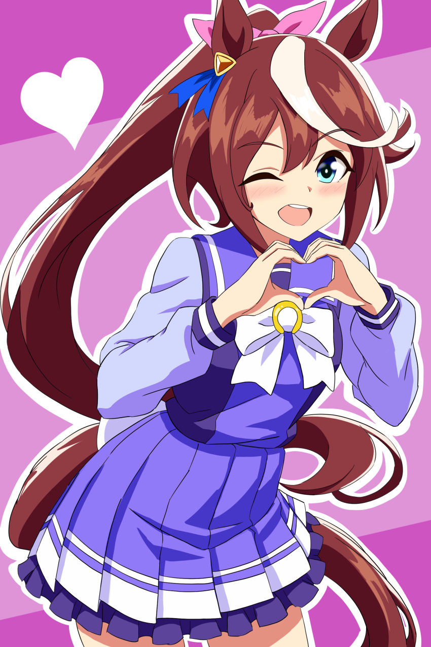 1girl ;d absurdres animal_ears back_bow blue_eyes bow bowtie brown_hair commentary cowboy_shot ear_ornament frilled_skirt frills hair_ribbon heart heart_hands highres horse_ears horse_girl horse_tail horseshoe_ornament kiyosuke_(kiyosuke023) long_hair long_sleeves looking_at_viewer miniskirt multicolored_hair one_eye_closed open_mouth outline pink_ribbon pleated_skirt ponytail purple_background purple_sailor_collar purple_shirt purple_skirt ribbon sailor_collar school_uniform serafuku shirt skirt smile solo standing streaked_hair tail tokai_teio_(umamusume) tracen_school_uniform two-tone_hair umamusume white_bow white_bowtie white_hair white_outline winter_uniform